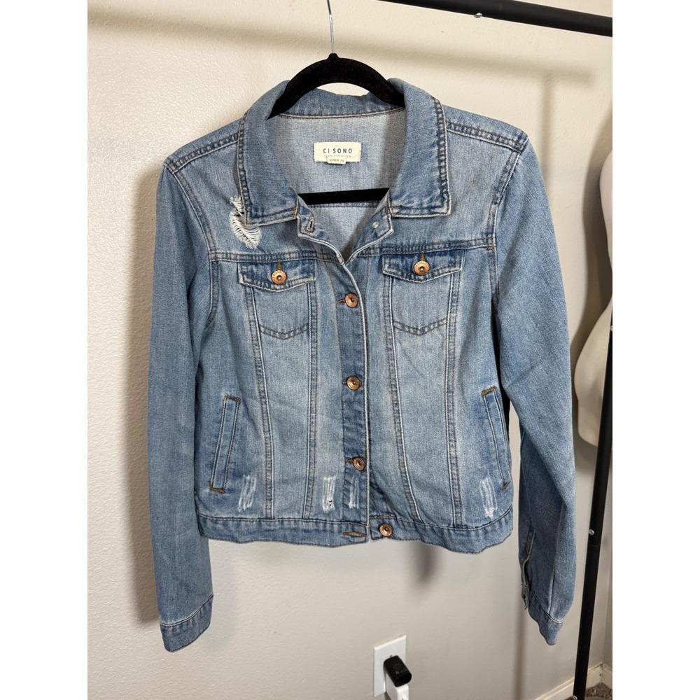 Ci Sono Distressed Trucker Denim Jacket‎ Women's Size L Medium Wash